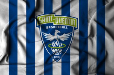 Pringsewu, Lampung; January 4, 2025; Selective focus waving the flag cloth of Saint Quentin Basketball Club, LNB Ligue, Paris. 3D illustration clipart