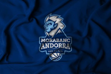 Pringsewu, Lampung; 4 Ocak 2025; Morabanc Andorra Basketbol Kulübü 'nün bayrağını sallayan seçici odaklanma, ACB Ligi, İspanya. 3B illüstrasyon