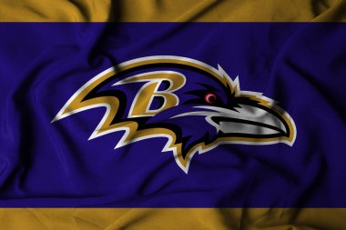 Pringsewu, Lampung; 5 Ocak 2025; Amerikan futbol takımı Baltimore Ravens 'ın logosu sallanan bir bayrak dokusu. 3B illüstrasyon