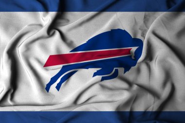 Pringsewu, Lampung; 5 Ocak 2025; Amerikan futbol takımı Buffalo Bills 'in logosu sallanan bir bayrağın dokusu. 3B illüstrasyon