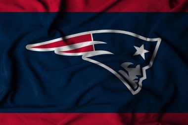 Pringsewu, Lampung; 5 Ocak 2025; Amerikan futbol takımı New England Patriots 'un logosu sallanan bayrak dokusu. 3B illüstrasyon