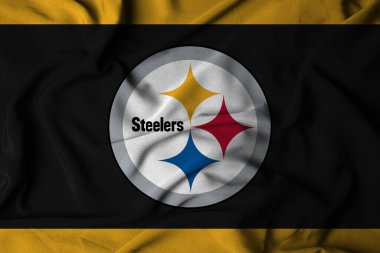 Pringsewu, Lampung; 5 Ocak 2025; Amerikan futbol takımı Pittsburgh Steelers 'ın logosu sallanan bir bayrak dokusu. 3B illüstrasyon