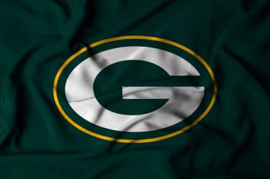 Pringsewu, Lampung; 5 Ocak 2025; Amerikan futbol takımı Green Bay Packers 'ın logosu sallanan bir bayrağın dokusu. 3B illüstrasyon