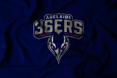 Pringsewu, Lampung; 06 Ocak 2025; Avustralya profesyonel basketbol ligi Adelaide 36ers takımının logosu sallanan bir bayrak dokusu. 3B illüstrasyon