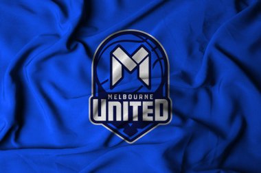 Pringsewu, Lampung; Ocak 06, 2025; Avustralya profesyonel basketbol ligi Melbourne United takımının logosu ile sallanan bir bayrak dokusu. 3B illüstrasyon