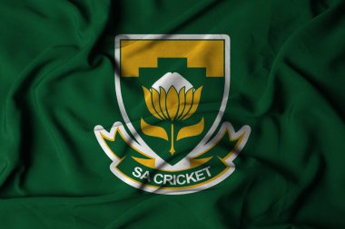 Pringsewu, Lampung 06 Ocak 2025 Güney Afrika Ulusal Kriket Takımı logosunun dalgalanan bayrağı. 3B illüstrasyon