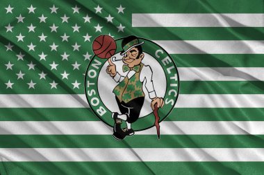Pringsewu, lamba; Ocak 06, 2025; Boston Celtic Basketbol Kulübü 'nde sallanan seçici odak bayraklı kumaş dokusu. 3d görüntü ABD arkaplanı