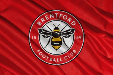 Pringsewu, lamba 11 Ocak 2025; Brentford futbol kulübüne yakın çekim, dalgalı kumaş dokusuna sahip İngiliz ligi kulüplerinden biri.