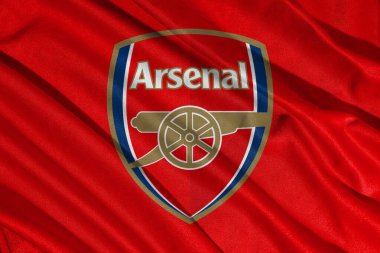 Pringsewu, lamba 11 Ocak 2025; Arsenal futbol kulübüne yakın çekim, dalgalı kumaş dokusuna sahip İngiliz ligi kulüplerinden biri.