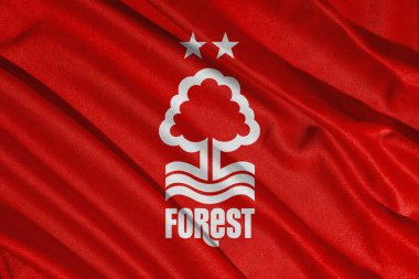 Pringsewu, lamba 11 Ocak 2025; Nottingham Forest futbol kulübüne yakın çekim, İngiltere futbol liginin dalgalı kumaş dokusuna sahip kulüplerinden biri.