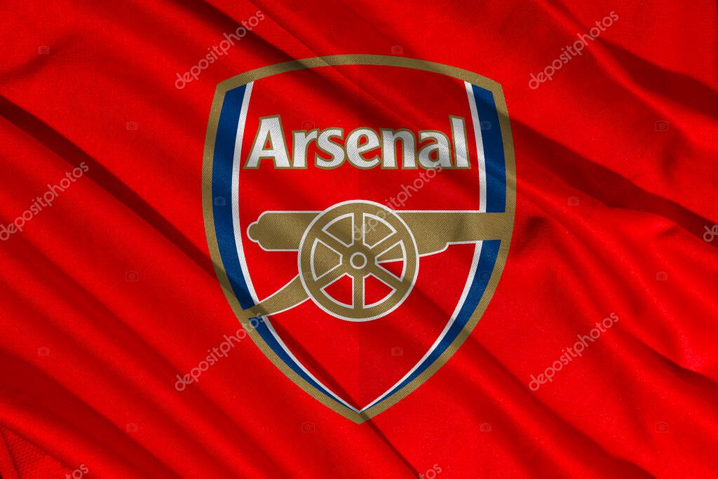 Pringsewu, lampung january 11, 2025; closeup of Arsenal football club, one of the English league football clubs that has a wavy fabric texture