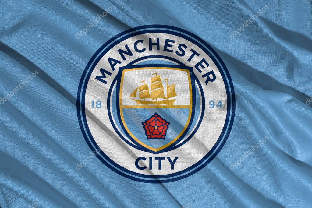 Pringsewu, lampung january 11, 2025; closeup of Manchester City football club, one of the English league football clubs that has a wavy fabric texture