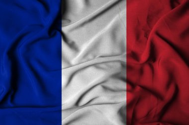 Dalgalı kumaş dokusuyla Fransız bayrağının seçici odak noktası. 3B illüstrasyon