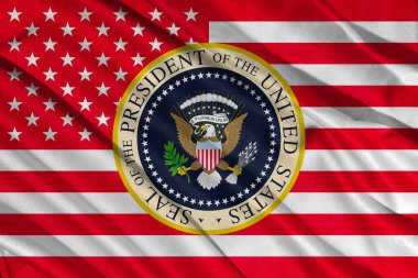 Pringsewu, lamba; 21 Ocak 2025; ABD başkanlık mührü amblemi ipek kumaş, 3d resim kırmızı