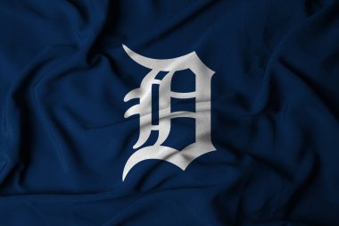 Pringsewu, Lampung; 1 Şubat 2025; Kumaş dokusunda MLB Detroit Tigers beysbol takımının logosu olan bir bayrak yer almaktadır.