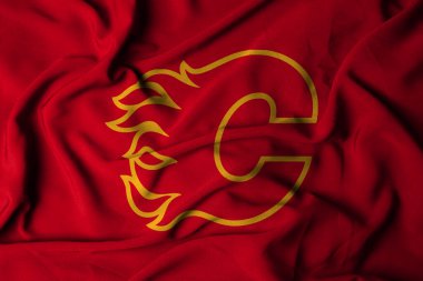 Pringsewu, lamba; 1 Şubat 2025; Ulusal Hokey Ligi Calgary Flames bayrak logosu dokusu, bir NHL hokey takımı. 3B illüstrasyon