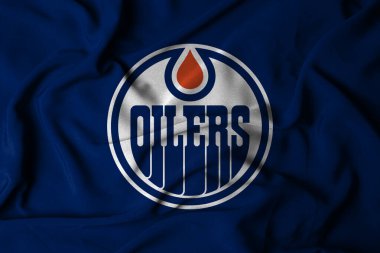 Pringsewu, lamba; 1 Şubat 2025; Ulusal Hokey Ligi Edmonton Oilers bayrak logosu dokusu, bir NHL hokey takımı. 3B illüstrasyon