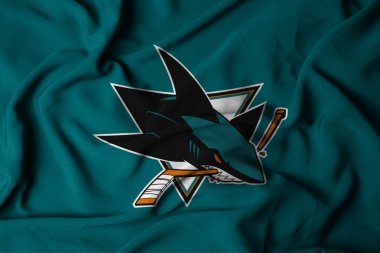 Pringsewu, lamba; 1 Şubat 2025; Ulusal Hokey Ligi San Jose Sharks bayrak logosu deseni, bir NHL hokey takımı. 3B illüstrasyon