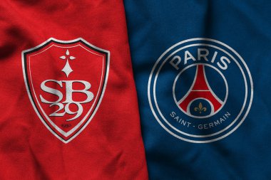 Pringsewu, Lampung; 4 Şubat 2025; Brest futbol kulübü logosu kumaşı ile Paris Saint Germain, konsept illüstrasyon