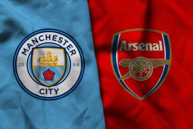 Pringsewu, Lampung; 4 Şubat 2025; Manchester City futbol kulübü logo kumaşı Arsenal, konsept illüstrasyon