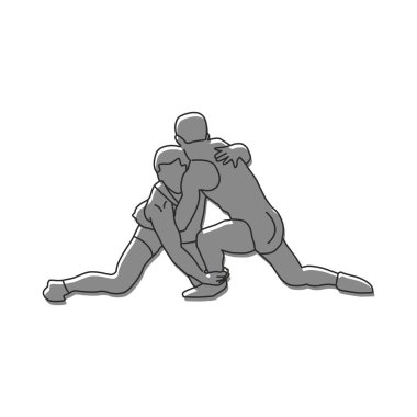 İki güreşçinin silueti, düz siyah ve gri çizgileri olan vektör grafik şekilli.