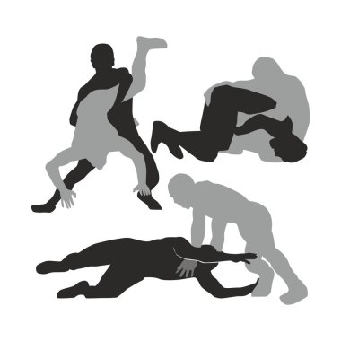 İki güreşçinin siluet koleksiyonu, vektör düz siyah ve gri şekiller, güreş ikonu