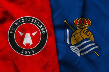 Pringsewu, Lampung; 11 Şubat 2025; Midtjylland futbol kulübü logosunun dokusu Real Sociedad, Avrupa Ligi konsepti