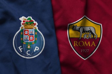 Pringsewu, Lampung; 11 Şubat 2025; Porto futbol kulübü logosu AS Roma, Avrupa Ligi konsepti