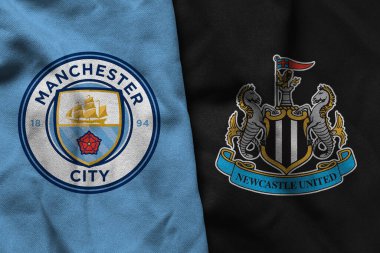 Pringsewu, Lampung; 13 Şubat 2025; Manchester City futbol kulübü logosu kumaşı Newcastle konsepti, Premier League konsepti