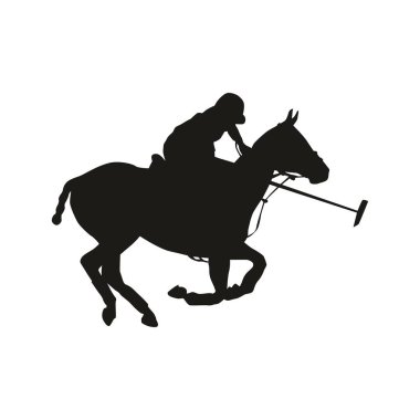 Hızlı Polo binicisinin silueti elinde tokmak, at sporu