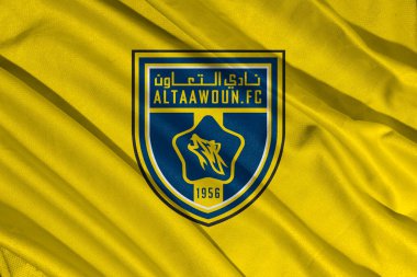 Pringsewu, lamba; 6 Mart 2025; Taawoun, Arap Ligi futbol kulübünün seçici odak dokusu logosu bayrağı. 3d illüstrasyon