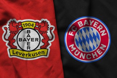 Pringsewu, Lampung; 7 Mart 2025; Bayer 04 Leverkusen futbol kulübünün kumaş logosu, FC Bayern Münih konsepti, Şampiyonlar Ligi konsepti