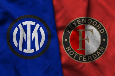 Pringsewu, Lampung; 7 Mart 2025; Milano Futbol Kulübü 'nün kumaş logosu ve Feyenoord Rotterdam konsepti, Şampiyonlar Ligi konsepti