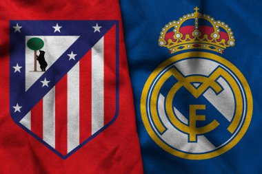 Pringsewu, Lampung; 7 Mart 2025; Atltico Madrid futbol kulübünün kumaş logosu ve Real Madrid konsepti, Şampiyonlar Ligi konsepti