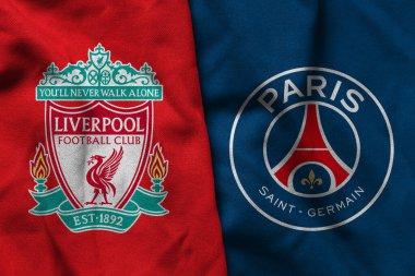 Pringsewu, Lampung; 7 Mart 2025; Liverpool futbol kulübünün kumaş logosu ve Paris Saint-Germain konsepti, Şampiyonlar Ligi konsepti.