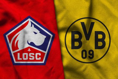 Pringsewu, Lampung; 7 Mart 2025; Lille OSC futbol kulübünün kumaş logosu ve Borussia Dortmund konsepti, Şampiyonlar Ligi konsepti.