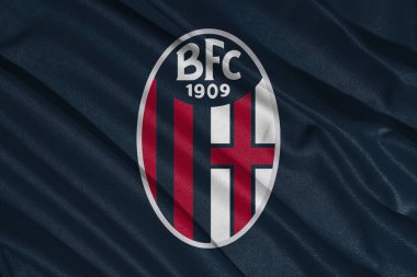 Pringsewu, Lampung 8 Mart 2025; Bologna FC arka plan seçici odak bayrak logosu dokusu. İtalyan Serisi A futbol kulübü bayrağı. 3B illüstrasyon
