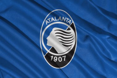 Pringsewu, Lampung 8 Mart 2025; Atalanta BC arka plan seçici odak bayrak logosu dokusu. İtalyan Serisi A futbol kulübü bayrağı. 3B illüstrasyon