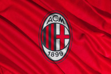 Pringsewu, Lampung 8 Mart 2025; AC Milan arka plan seçici odak bayrak logosu dokusu. İtalyan Serisi A futbol kulübü bayrağı. 3B illüstrasyon