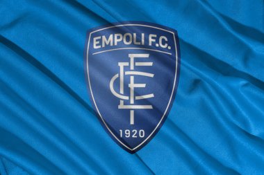 Pringsewu, Lampung 8 Mart 2025; Empoli FC arka plan seçici odak bayrak logosu dokusu. İtalyan Serisi A futbol kulübü bayrağı. 3B illüstrasyon