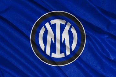 Pringsewu, Lampung 8 Mart 2025; Inter Milan arka plan seçici odak bayrak logosu dokusu. İtalyan Serisi A futbol kulübü bayrağı. 3B illüstrasyon