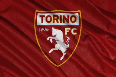 Pringsewu, Lampung 8 Mart 2025 Torino FC arka plan seçici odak bayrağı logosu. İtalyan Serisi A futbol kulübü bayrağı. 3B illüstrasyon