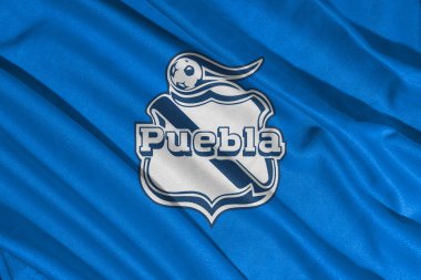 Pringsewu, lamba 10 Mart 2025; Arka plan Puebla futbol kulübü seçici odak logosu desenli MX, Meksika. 3B illüstrasyon