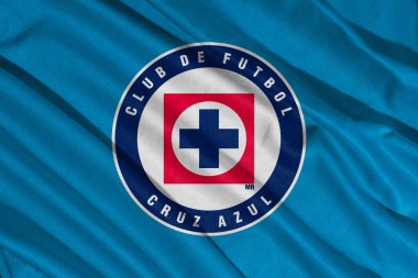 Pringsewu, lamba 10 Mart 2025; Arka plan Cruz Azul futbol kulübü seçici odak logosu desenli MX, Meksika. 3B illüstrasyon