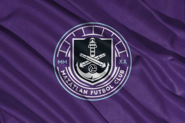 Pringsewu, lamba 10 Mart 2025; Arka plan Mazatlan futbol kulübü seçici odak logosu desenli MX, Meksika. 3B illüstrasyon