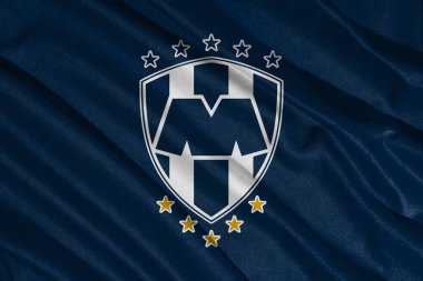 Pringsewu, lamba 10 Mart 2025; Arka plan Monterrey futbol kulübü seçici odak logosu desenli MX, Meksika. 3B illüstrasyon