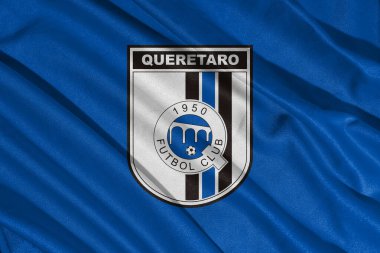 Pringsewu, lamba 10 Mart 2025; Arka plan Queretaro futbol kulübü seçici odak logosu desenli MX, Meksika. 3B illüstrasyon