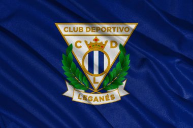 Pringsewu, Lampung 11 Mart 2025; LaLiga, İspanya 'da CD Legans futbol kulübü logosunun arka plan dokusu. 3B illüstrasyon