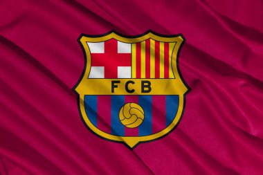 Pringsewu, Lampung 11 Mart 2025; Barcelona futbol kulübü logosunun arka plan dokusu LaLiga, İspanya 'da. 3B illüstrasyon