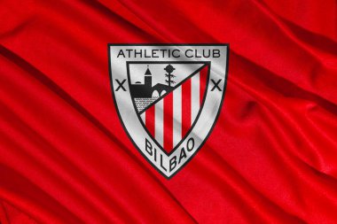 Pringsewu, Lampung 11 Mart 2025; İspanya 'nın LaLiga kentindeki Athletic Bilbao futbol kulübü logosunun arka plan dokusu. 3B illüstrasyon